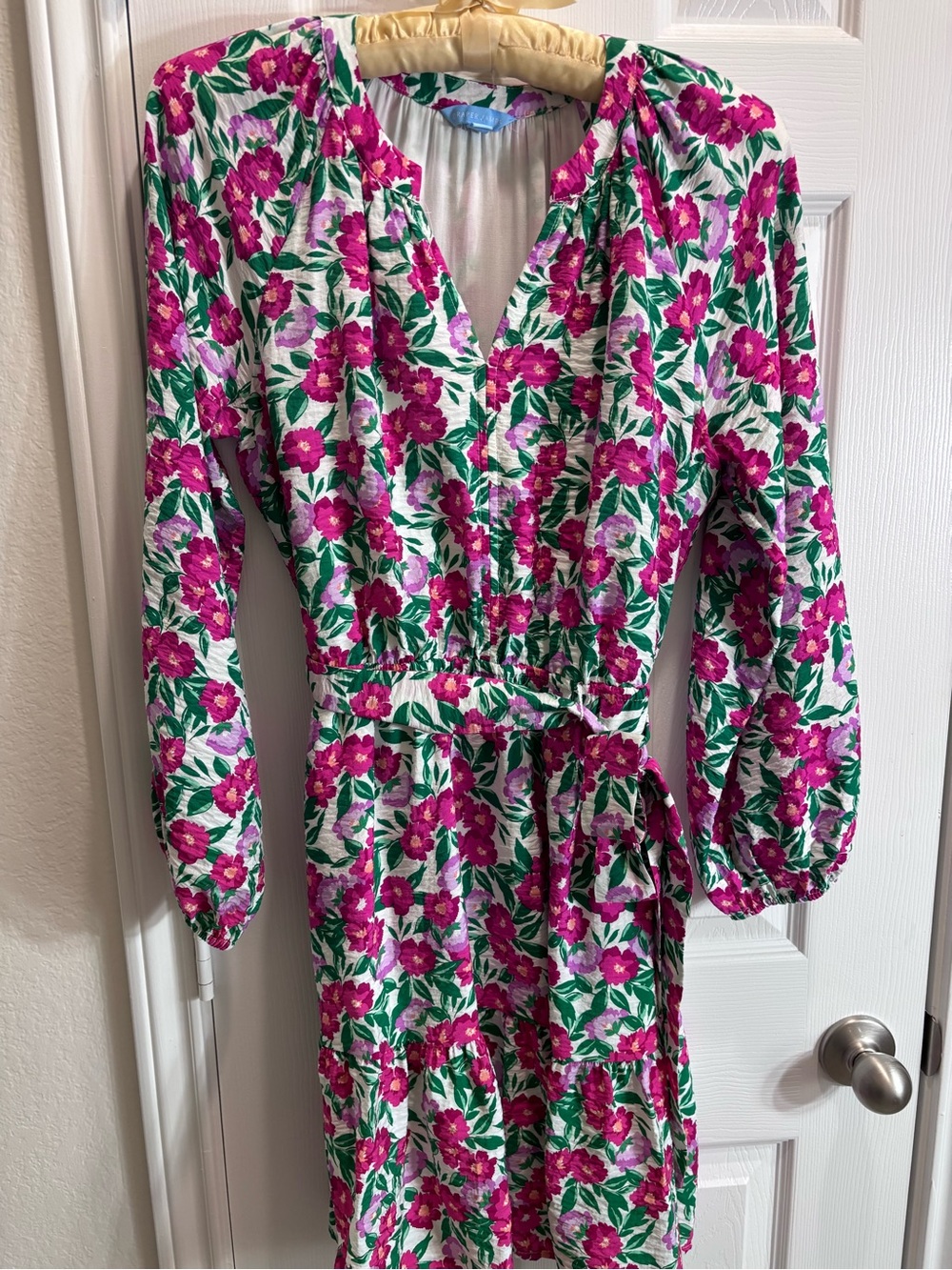 Draper James White Dress with Pink Floral and Green Leaf Print